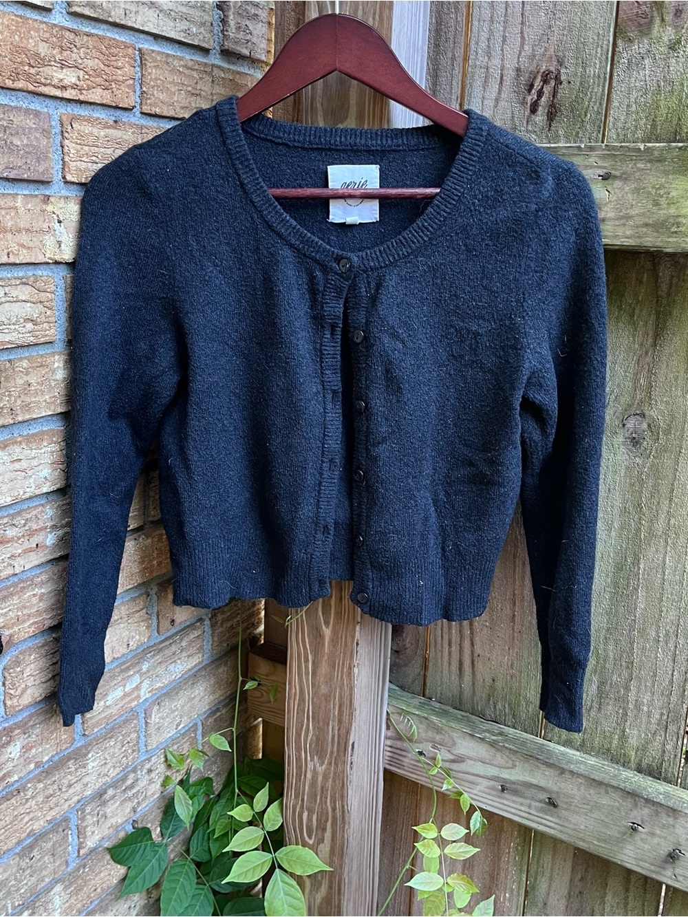 aerie Black Cropped Button-Up Knit Cardigan